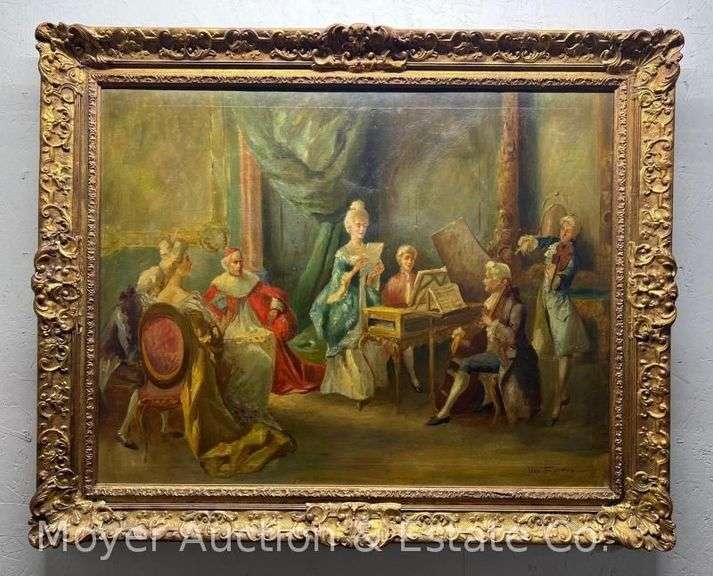 Painting on Canvas Depicting 18th Century-style Musical Performance, Artist Signed, Antique image