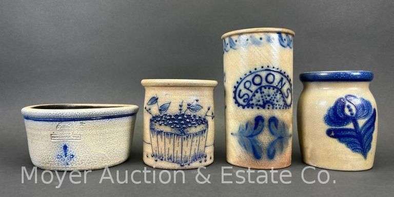 (4) Pieces of Cobalt Decorated Stoneware, See Pictures for Markings, 3.5"-8"h image