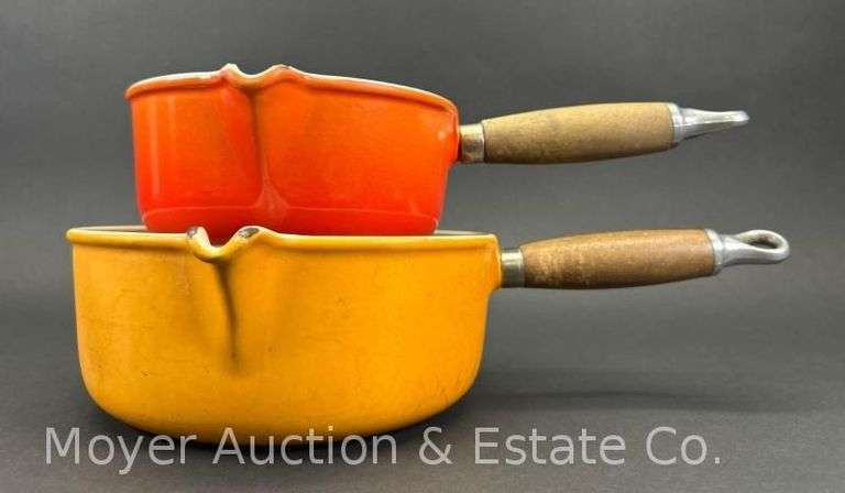 (2) Le Creuset Enameled Cast Iron Sauce Pans, Wood Handles, 6"-8"w image