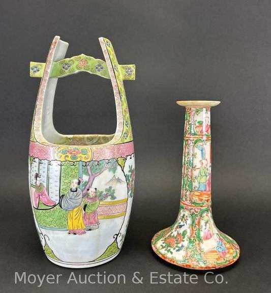 Oriental Style Porcelain Basket and Candlestick, 8" and 11"h image