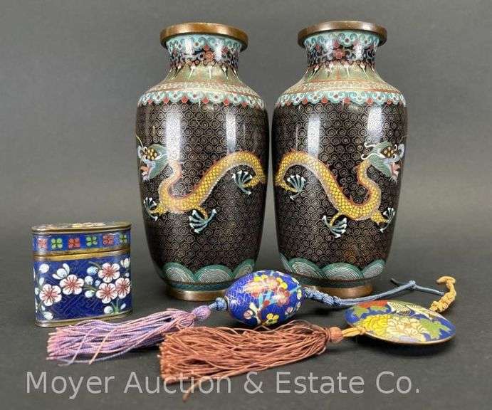Pair of Cloisonné Vases with Matchbox and Pendants, Vases are 6.5"h image