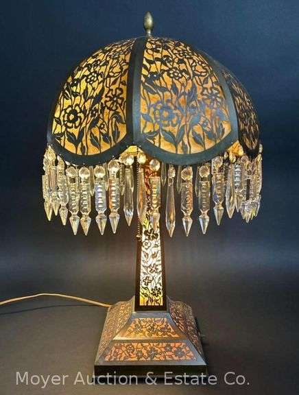 Metal Table Lamp with Glass Prisms, Floral Cutout, Fabric Lined Shade, 26"h image
