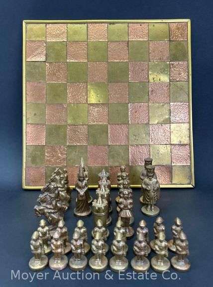 Chess Set, Metal Pieces, See Pictures for Condition, 14.5" x 14.5" image