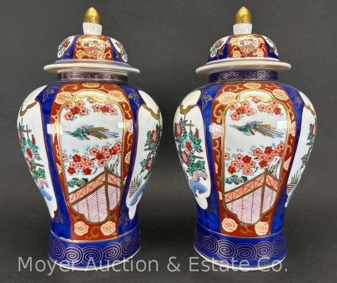 Pair of Goldimari Hand-painted Lidded Jars, 12"h image