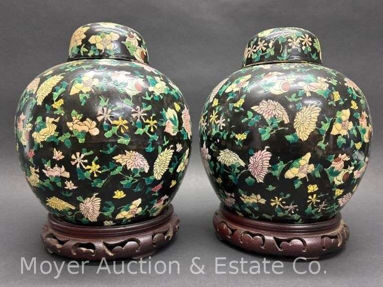 Pair of Hand-painted Oriental Style Lidded Jars, with Pedestals, Jars are 10"h image