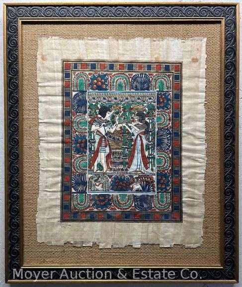 Hand Painted Egyptian Style Painting on Papyrus, Appears Signed, Framed, 26"x21.5" Overall image