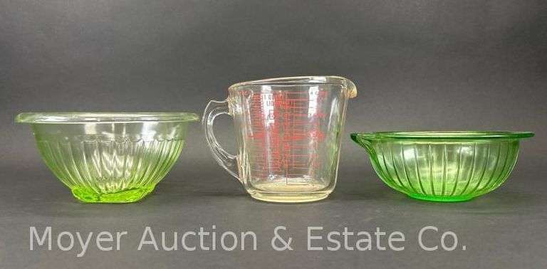 (2) Green Depression Glass Bowls with Pyrex Measuring Cup image
