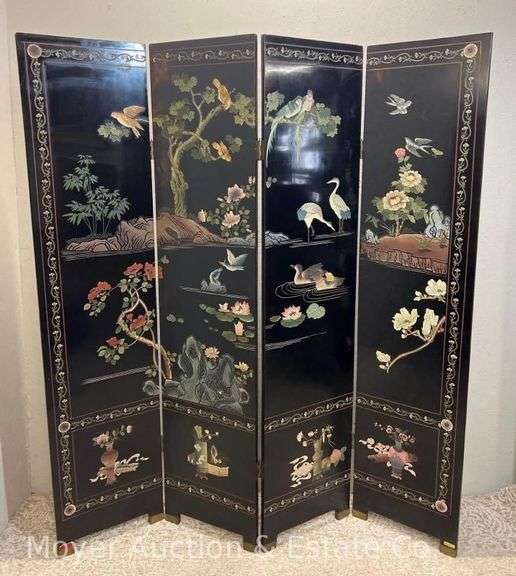 Vintage Black Lacquer Chinese Style 4 Section Room Divider, Carved/Hand Painted Detailing image