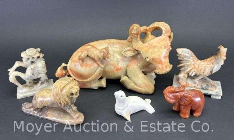 Group of Soapstone and Other Stone Animal Carvings, 2"-5"h image