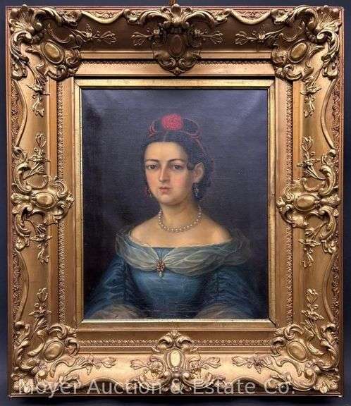 Portrait Painting on Canvas of Young Woman, Unsigned, Antique, Nice Original Gold Frame, with Light image
