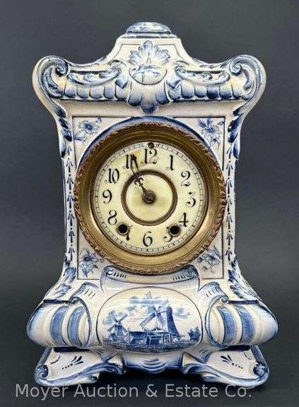 Antique Waterbury Ceramic Mantle Clock, Hand Painted Royal Delft Style, 12"h x 7"w image