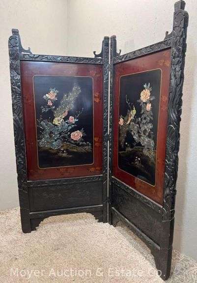 Antique Chinese Style 2 Section Room Divider, Mother of Pearl Inlay, Hand Painted and Carved Detail image