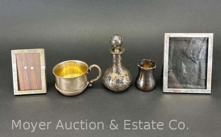 Group of Sterling Silver: (2) Picture Frames, Cartier and W&B, Child's Cup, Toothpick Holder, & Vase image