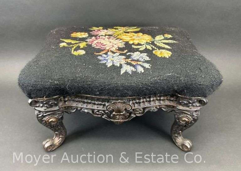 Antique Needlepoint Footstool, Iron Base, 15"w x 9"h image