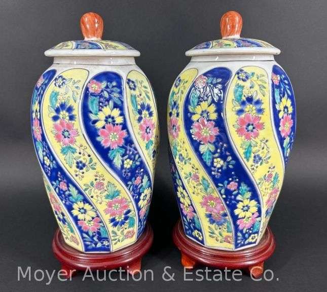 Pair of Oriental Style Lidded Jars, with Pedestals, Jars are 13"h image