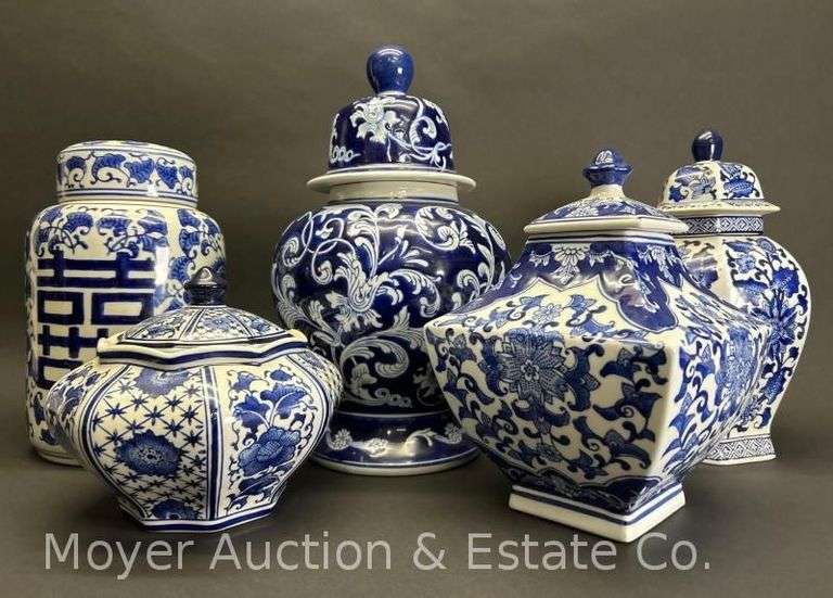 (5) Blue and White Lidded Jars, Hobby Lobby, Pier 1, Etc., 7"-15"h image