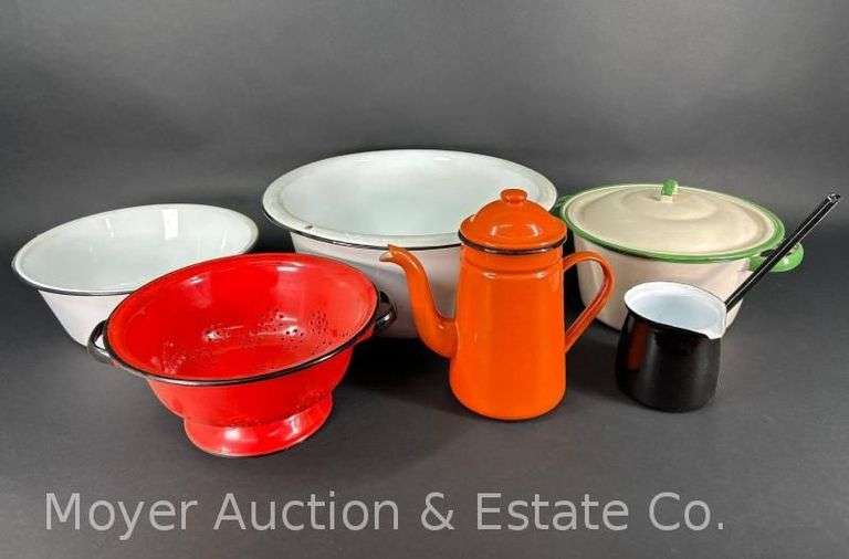 Group of Enamelware, Basin, Strainer, Teapot, Etc. image