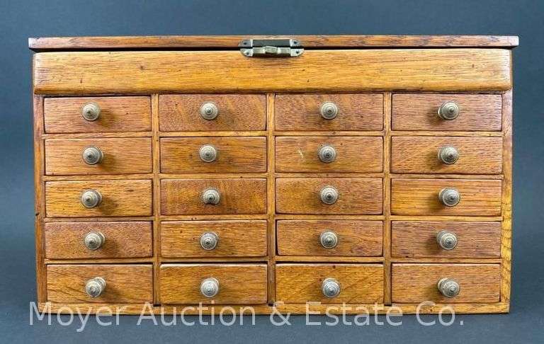 Antique Green Bros. Desktop 20 Drawer Watchmakers Cabinet, Flip Top with Original Label, 15"w x 8.5"h image