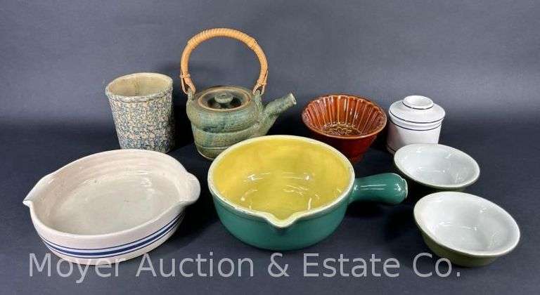 Group of Hall Dishes, Pottery Teapot, Butter Bell, Roseville OH Crock, Etc. image