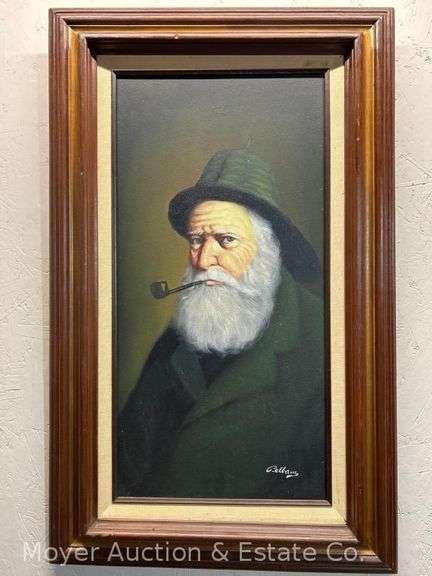Painting on Canvas Depicting Old Man Smoking Pipe, Artist Signed, Framed, 31"x19" Overall image