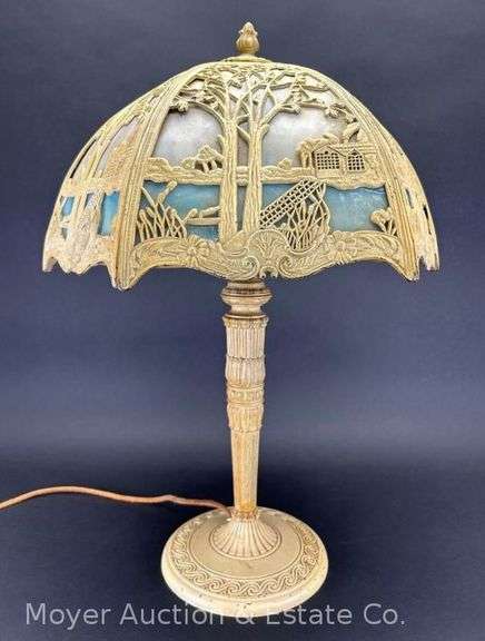 Metal Table Lamp, Scenic Metal and Slag Glass Shade, 23"h image