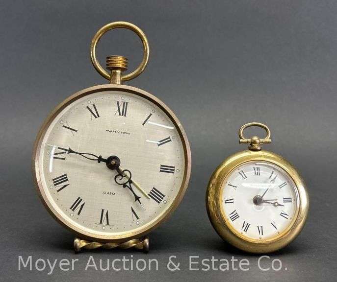 (2) Pocket Watch Style Desk Clocks, Bulova and Hamilton, 3" and 5"h image