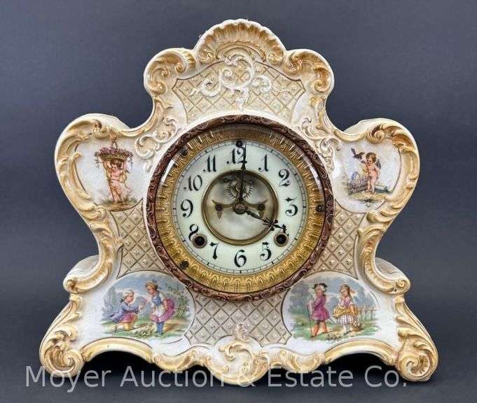 Antique Ansonia Porcelain Mantle Clock, Hand Painted, 14"w x 12"h image
