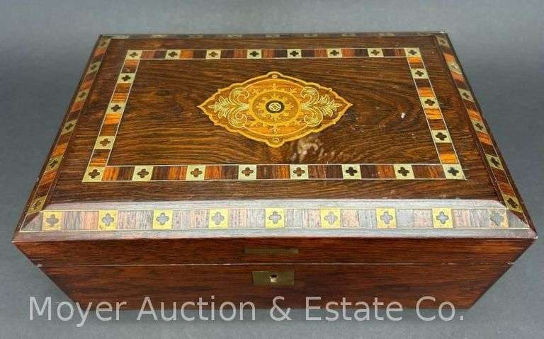 Portable Writing Desk with Inkwells and Key, Inlaid Top, Antique, 11"x7.5"x4.5"h image