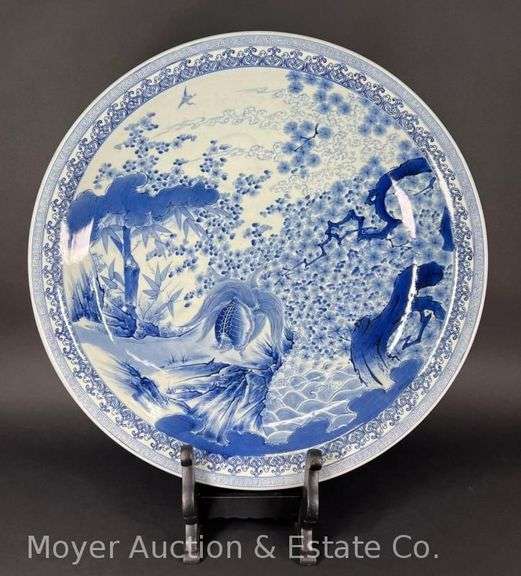 Large Blue & White Oriental-Style Porcelain Charger Bowl, 24.5" Wide, with Stand image