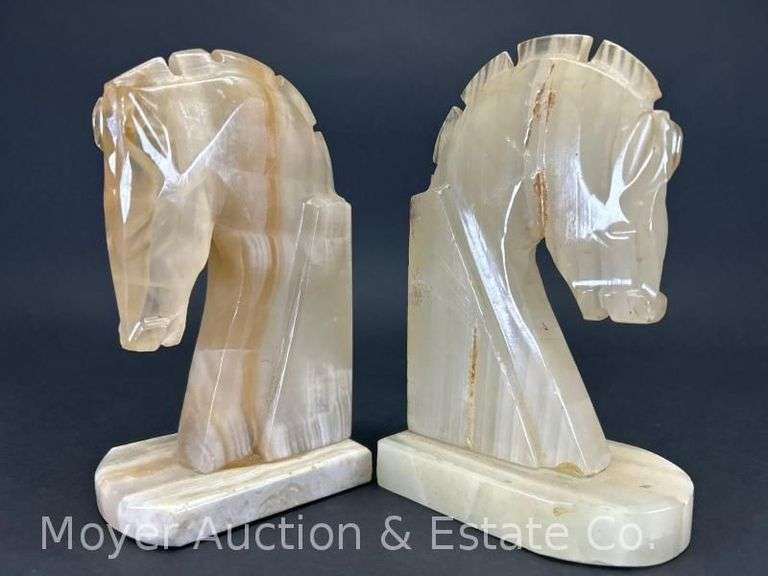 (2) Vintage Onyx Horse Head Bookends, 6"h image