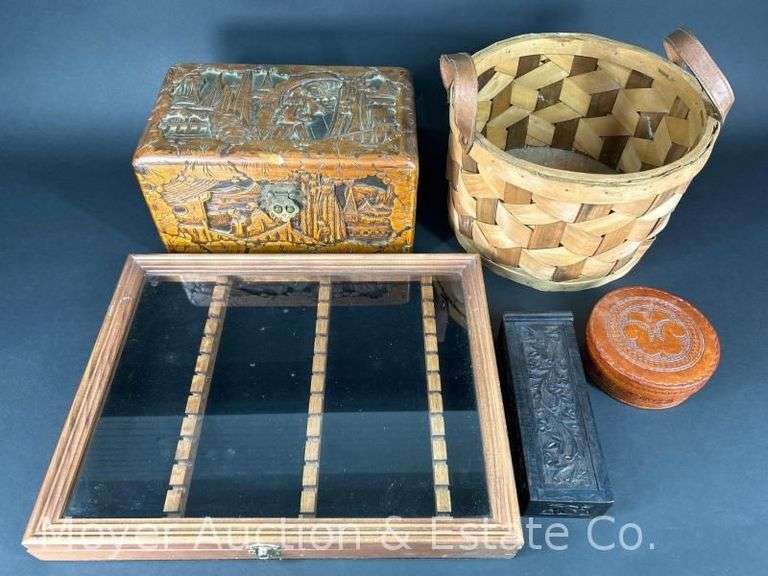Carved Wood Boxes, Spoon Rack and Woven Basket image
