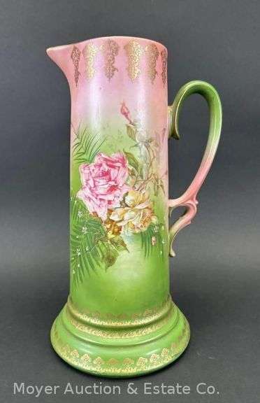 Antique Austrian Hand Painted Pitcher, 13"w, See Photos for Cracked Handle image