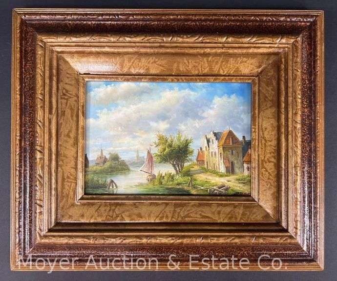 Landscape Painting on Board Depicting European Lakeside Town, Artist Signed, Framed, 10.5"x12.5" image