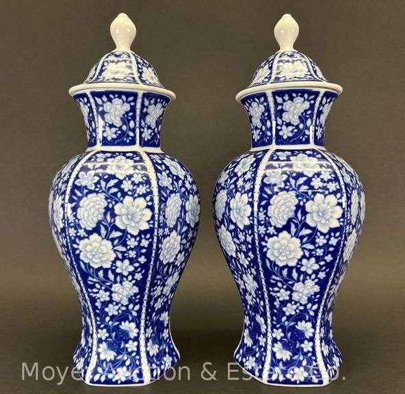 Pair of Bareuther Walosassen Blue and White Lidded Urns, 12"h image