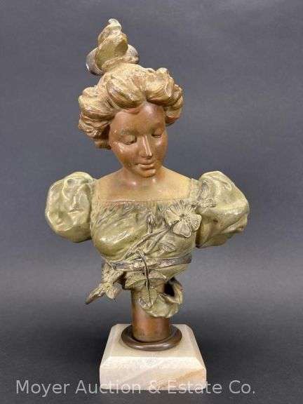 Brass Bust of Lady on Marble Base, 11"h Overall image