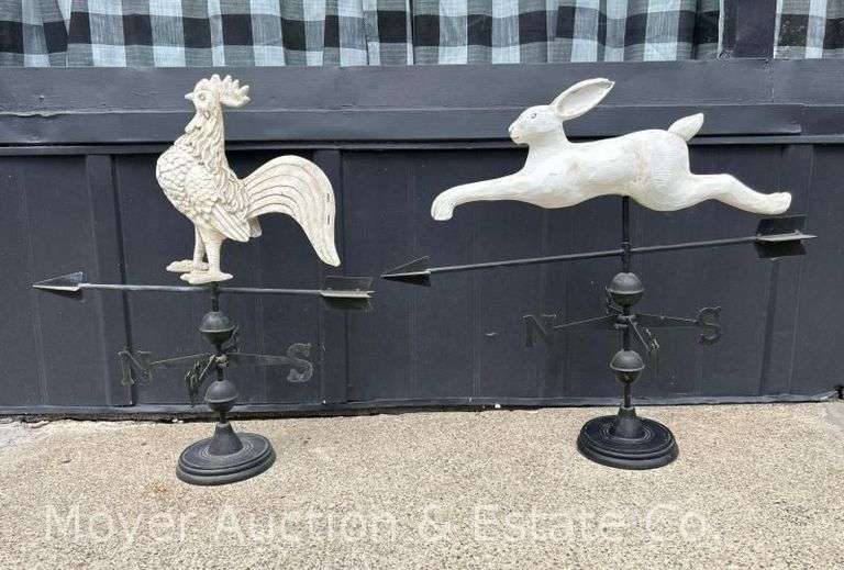 (2) Country Decorative Cast Iron Weather Vanes: Rabbit and Rooster, 22"-24"h image