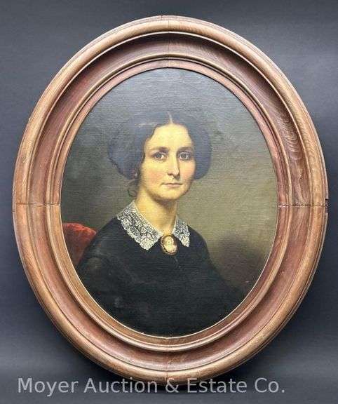 Portrait Painting on Canvas of Woman, Antique, Original Oval Wood Frame, 32"x28" Overall image