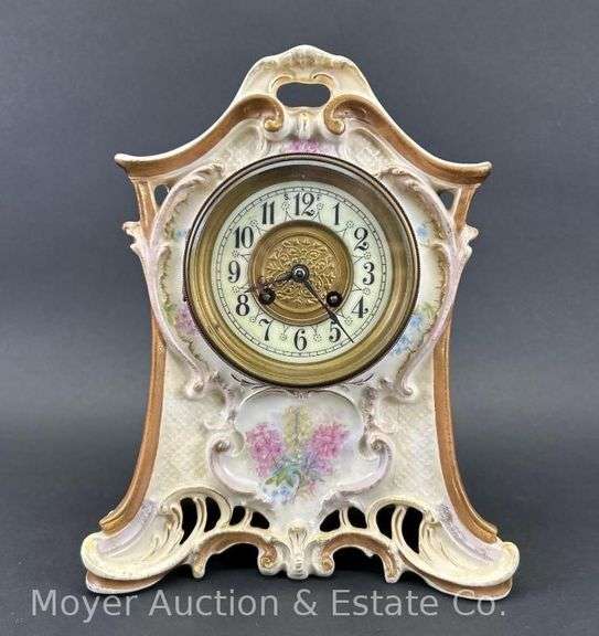 Antique Porcelain Mantle Clock, Unmarked, 11.5"h x 9"w image