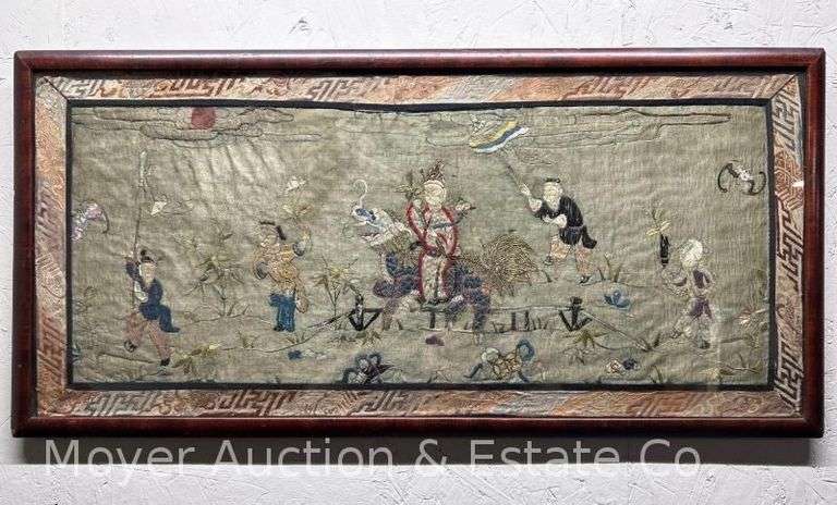 Antique Asian Style Silk Embroidery, Framed, 14"x29" Overall image