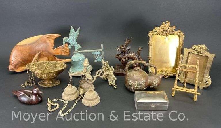 Group of Metal Picture Frames, Bells, Wood Fish and Bird Carvings, Etc. image