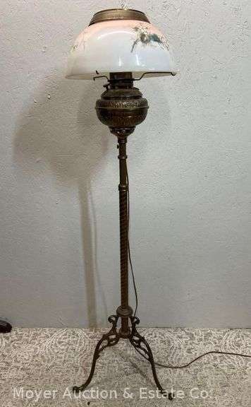 Floor Lamp with Painted Glass Shade, Repaired Cord, 57"h image