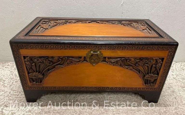 Oriental Style Carved Trunk, Brass Latch, 34"x17"x18" image