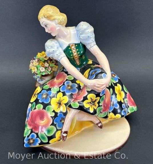 Ceramic Figurine of Lady with Flowers, Marked Italy on Base, 10.5"h image