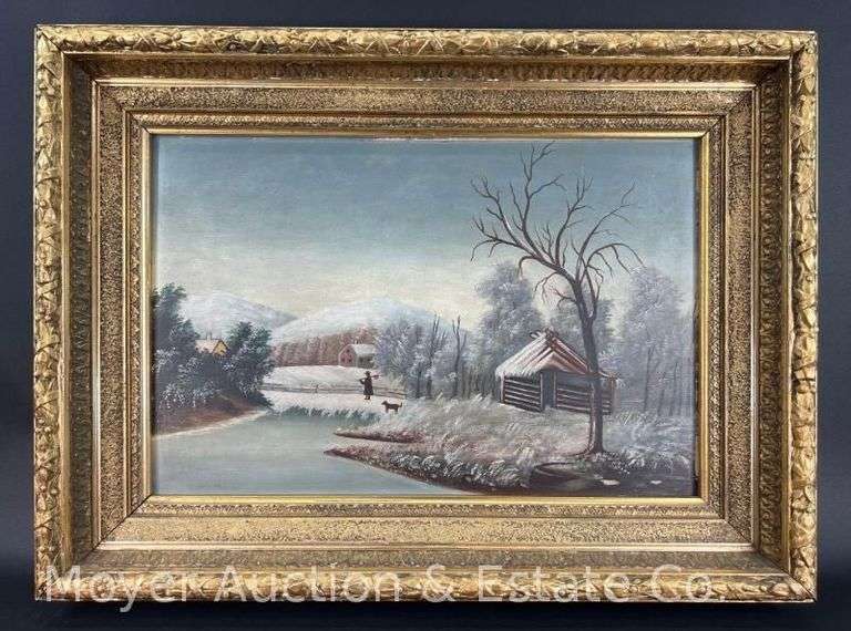 Winterscape Painting on Board, Unsigned, Antique, Nice Original Gold Frame, 17.5"x24" Overall image