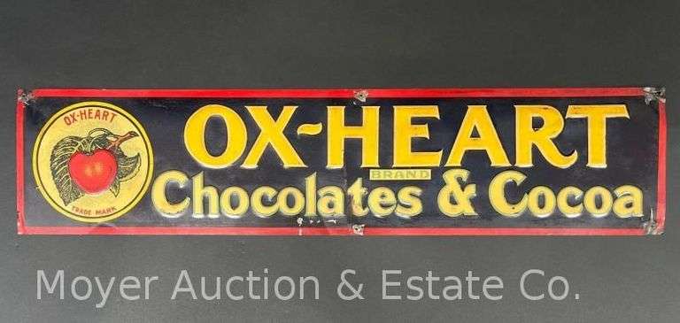 Original Ox-Heart Brand Chocolates & Cocoa Tin Sign, Single Sided, 4.5"x20" image
