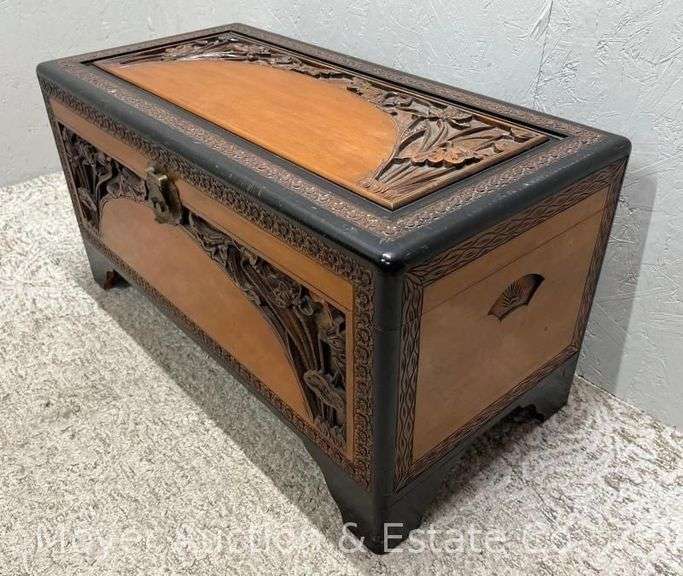 Oriental Style Carved Trunk, Brass Latch, 34"x17"x18" image