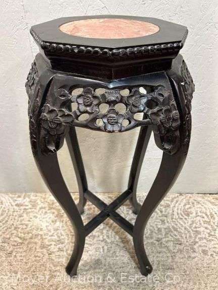 Antique Wood Plant Stand, Carved Floral Design, Marble Top, 31"h x 13"w image