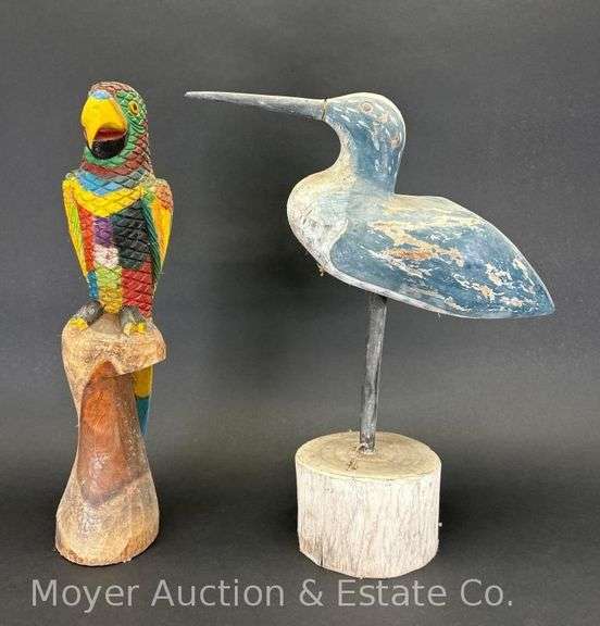 Wood Shorebird and Carved Parrot, 16"h image