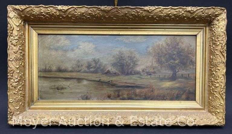 Painting on Board of Landscape, Antique, Nice Original Frame, with Light, 12"x22.5" image