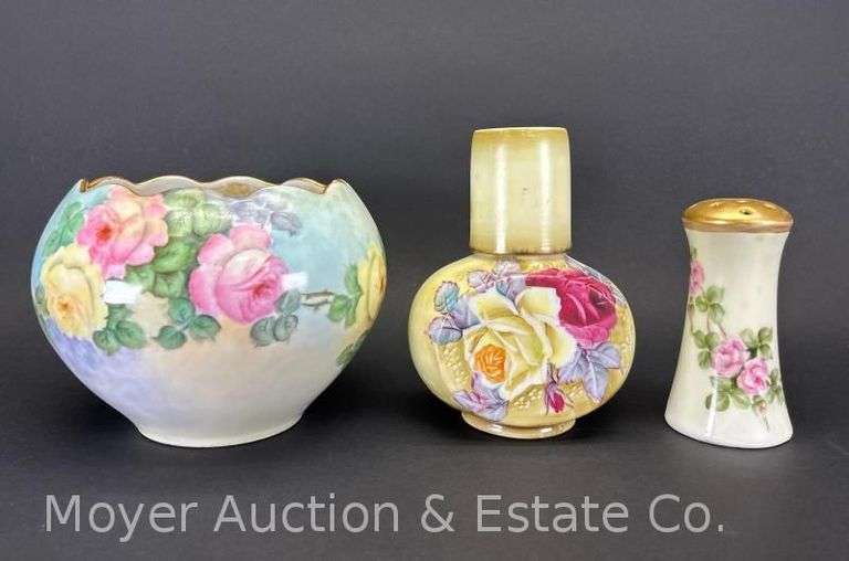Hand-painted China Water Carafe and Cup, Hat Pin Holder, and Vase/Bowl, 5.5"-7.5"h image